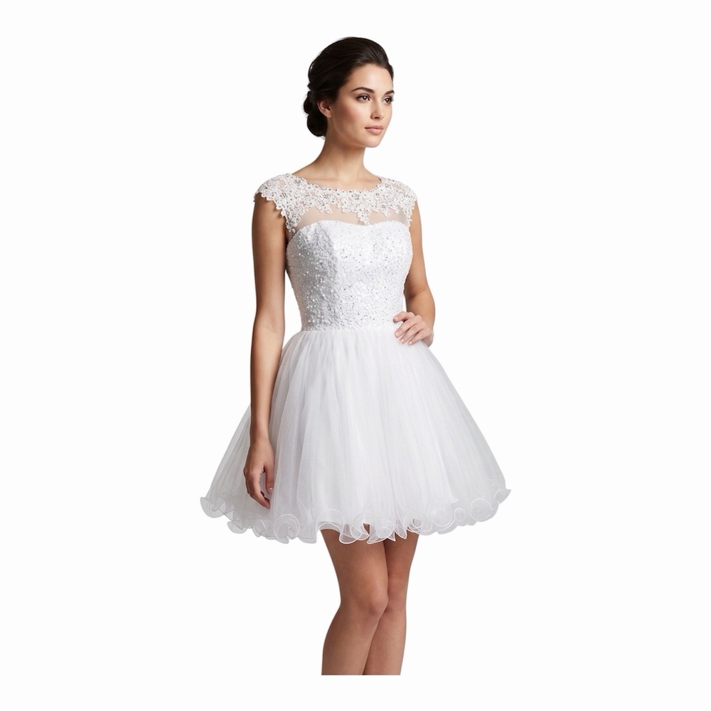 White Illusion Cap Sleeve Lace Beaded Sequin Tulle Wedding Quinceañera Dress L